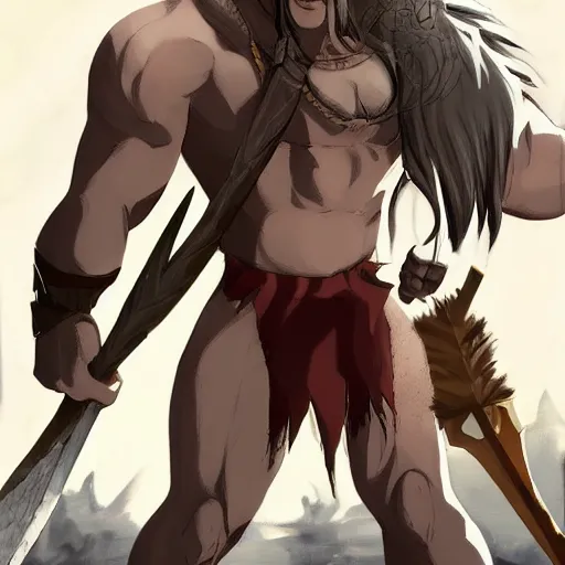 Image similar to bull man barbarian wearing a tattered loincloth with an giant axe, fursona, furry art, anthro, detailed dark brown fur, detailed long black hair, big horns, scars, anime key visual, makoto shinkai