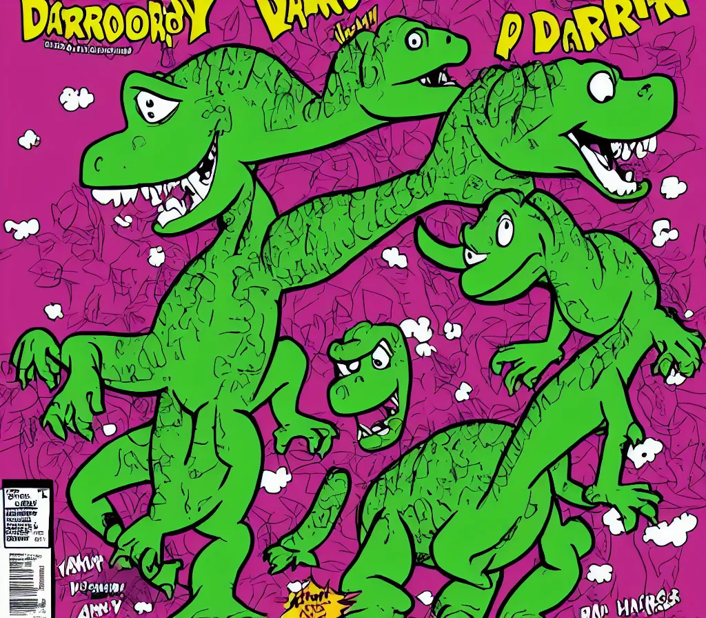 Prompt: barney the dinosaur action hero comic