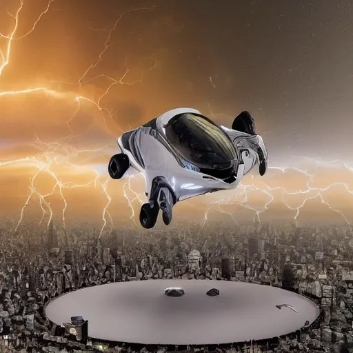 Image similar to futuristic flying car emerging from a circle of lightning in the sky, thunderstorm at night, 28mm dramatic photo