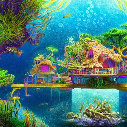 Image similar to fabulous treehouse mansion made of coral in underwater reef landscape with sunshine rays coming from above and fish swimming in the ocean, detailed magical realism painting 4 k,