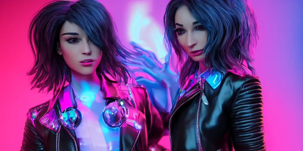 Prompt: a photo of 8k ultra realistic a black haired trans woman in high heels and a black leather jacket, pink and blue neon, face enhance, cinematic lighting, trending on artstation, 4k, hyperrealistic, focused, extreme details, unreal engine 5, cinematic, masterpiece