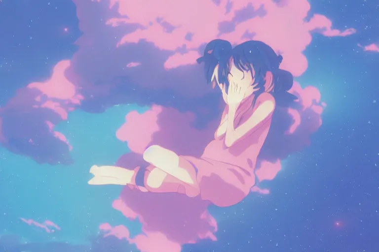 Image similar to a cute anime girl sleeping on a cloud, misty, glows, by studio ghibli, anime, hazy, foggy, ambient lighting, 8 k, neon, synthwave,