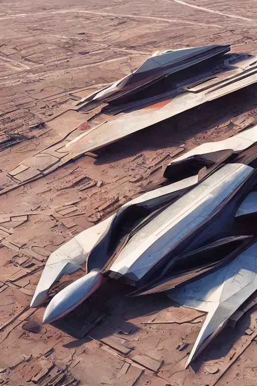 Image similar to professional photograph of a beautiful neo - futuristic simplified symmetrical stealth fighter docked on a desert plateau by ilm, denis villeneuve, emmanuel shiu, zaha hadid, vapor, cinematic architectural scale, red paint detail, manga, dramatic, volumetric, concept art, hard surface, hyperrealism, high detail, trending on artstation, sharp focus, rendered in octane