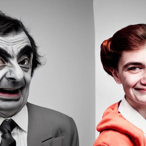 Image similar to A portrait mr bean elizabeth teams up with a teenage mr bean, perfect faces, 50 mm, award winning photography