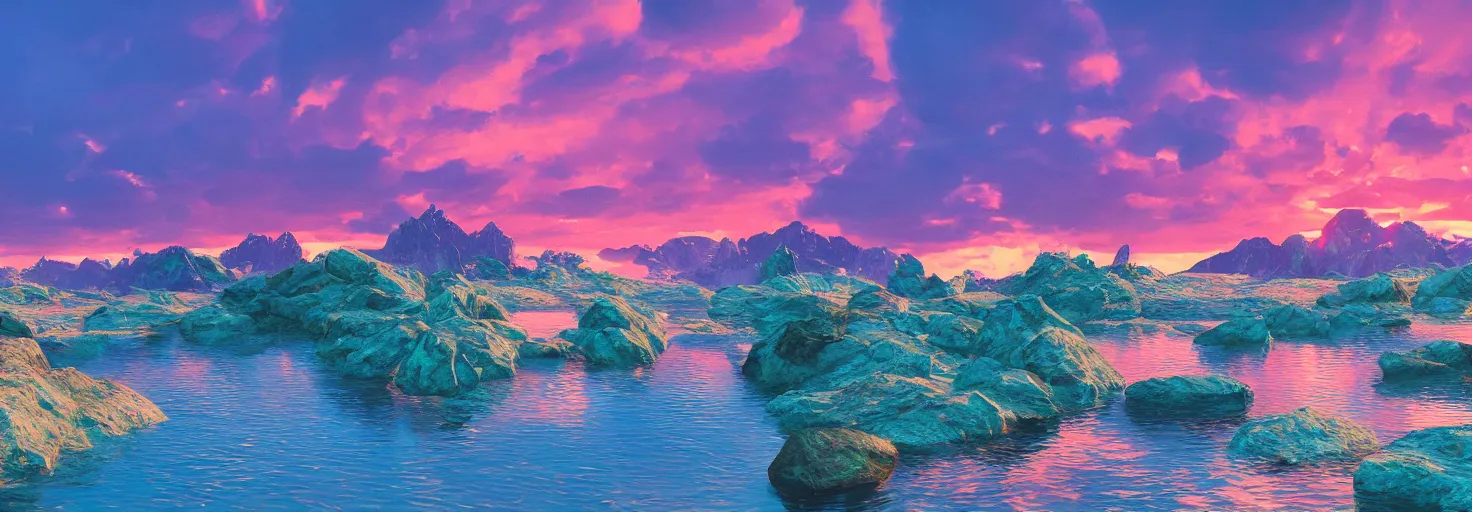 Image similar to super detailed color art, a sinthwave northern sunset with rocks on front, lake in the middle of perspective and mountains at background, unreal engine, retrowave color palette, 3d render, lowpoly, colorful, digital art