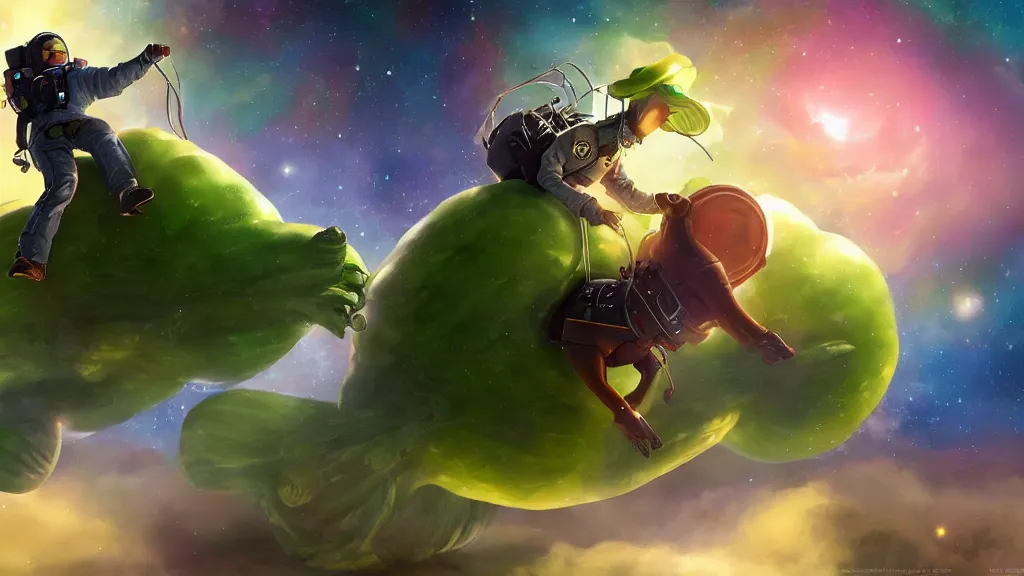 Image similar to Android cowboy riding a giant vegetable in outer space, volumetric lighting, digital painting, artstation, very detailed, hyperrealistic