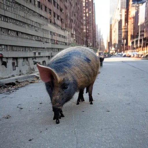 Image similar to a wild pig on a abandoned city of new york the pictures looking around