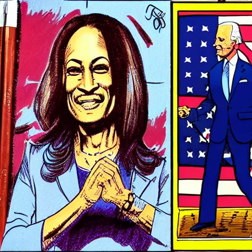 Image similar to The Artwork of R. Crumb and his Cheap Suit - Joe Biden and Kamala Harris, pencil and colored marker artwork, trailer-trash lifestyle