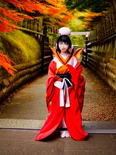 Prompt: full - color photo of a cute young japanese woman cosplaying as a kitsune goddess doing a ritual dance in a windy inari shinto shrine in kyoto full of autumn leaves. she has fox - ears, a fox - tail, hands that are fox - paws, sharp fox - teeth, and a fox - nose. highly - detailed ; professional portrait photography.