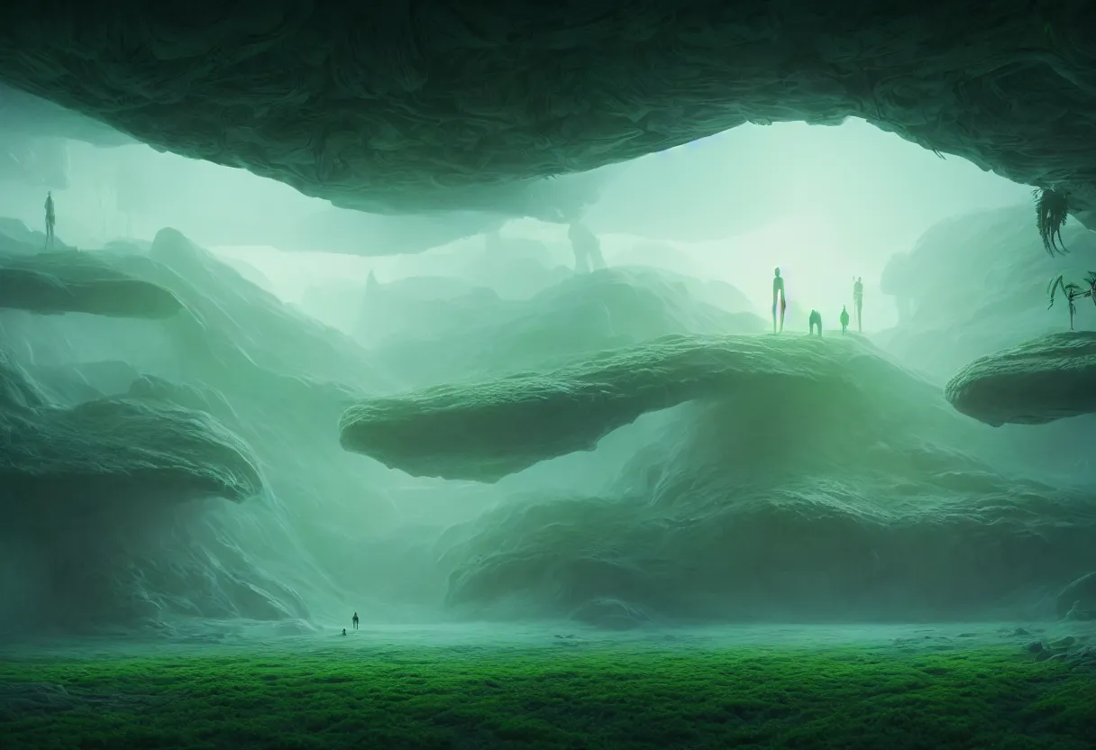 Image similar to inside of alien lush pastel colored landscape of human spirit and imagination, morning fog, matte painting, beautiful render, octane render, concept art