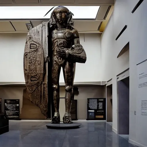 Image similar to futuristic ancient astronaut arrived through a portal, ancient statue in museum