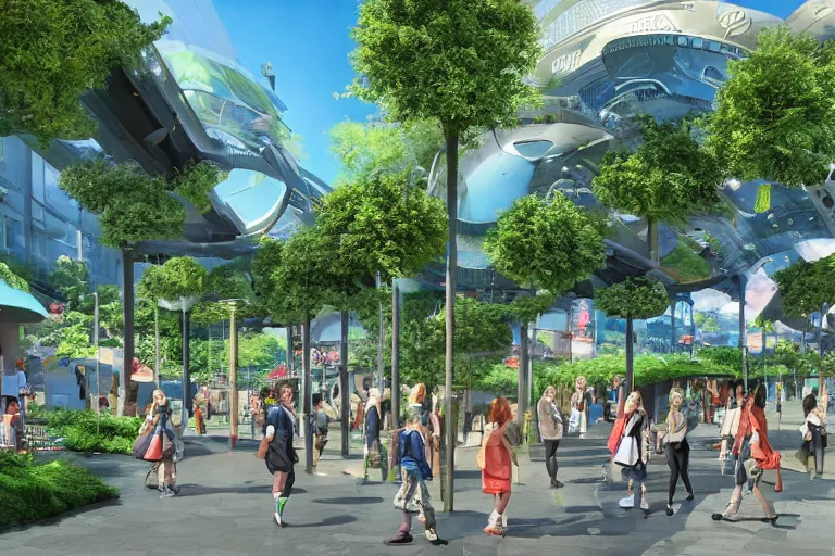 Image similar to an optimistic futuristic pedestrian mall with landscaped streams, idyllic crossing bridges and pop motifs, by ghibli, also cannabis