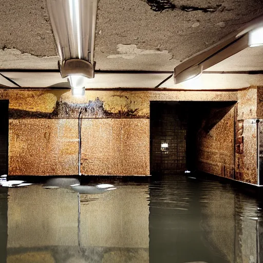 Image similar to A flooded old subway station. Muted colors, tearing wall paper.