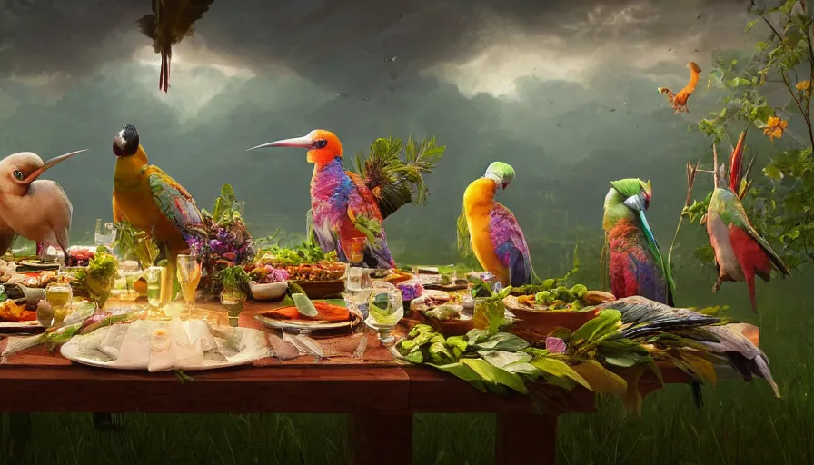 Image similar to a table dinner of exotic birds where birds are dressed like the characters from the midsommar movie wearing flowers, realistic detailed digital art by maxwell boas jessica rossier christian dimitrov anton fadeev trending on artstation cgsociety rendered in unreal engine 4 k hq