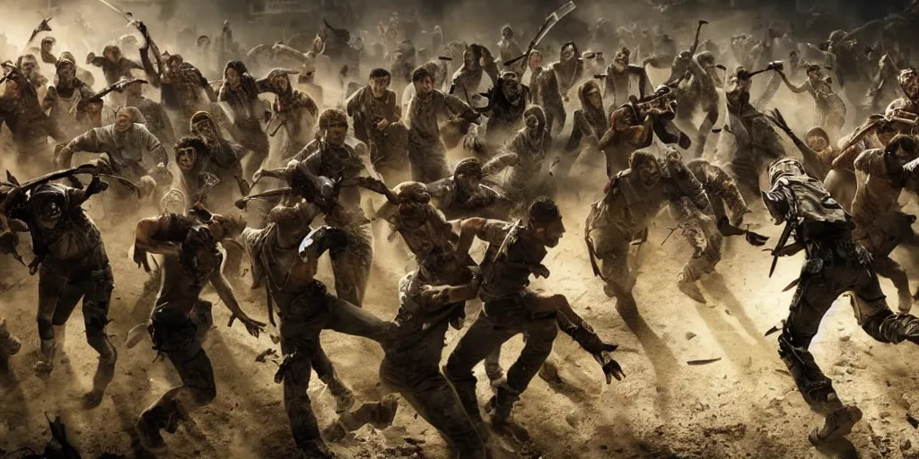 Image similar to epic battle scene humans versus zombies, post apocalyptic, humanities last stand post human, Epic Background, highly detailed, sharp focus, 8k, 35mm, cinematic lighting