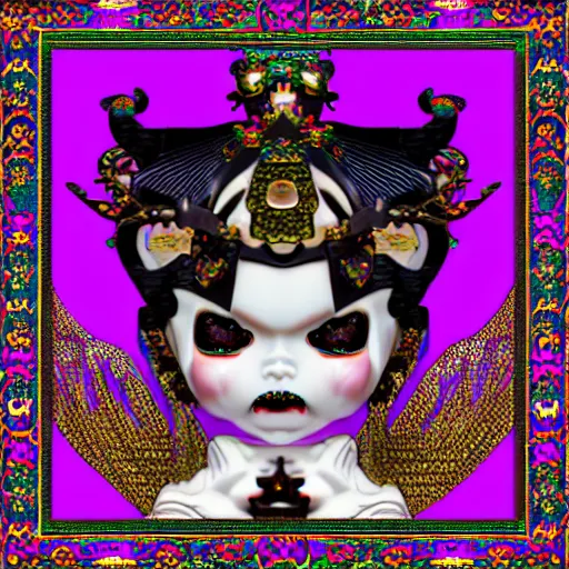 Prompt: baroque bedazzled gothic royalty frames surrounding a pixelsort emo demonic horrorcore japanese yokai doll, low quality sharpened graphics, remastered chromatic aberration