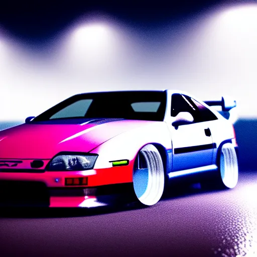 Image similar to a car 300ZX turbo drift at illegal car meet, Chiba prefecture, city midnight mist lights, cinematic lighting, photorealistic, highly detailed wheels, high detail