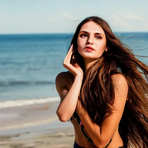 Prompt: A cute and beautiful woman with long shiny bronze brown hair and green eyes, 8k, natural lighting, beach background, medium shot, mid-shot,