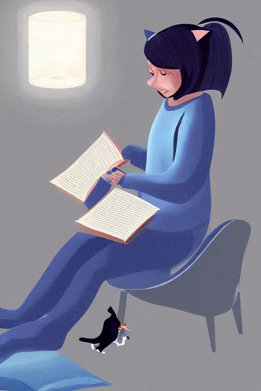 Image similar to a digital painting of a girl reading a book with a cat in A comfortable study room at night,blue and grey theme,JK uniform ,Hairdryer,blue theme,S line, by anmi and reoenl