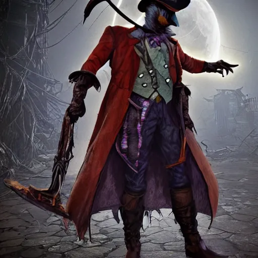 Image similar to a detailed 3 d render of darkwing duck dressed as the hunter from bloodborne, let's get dangerous, in the style animation of darkwing duck, digital art, dark fantasy, concept art, soulslike, by alphonse mucha, blood moon eclipse, wherewolves in a ruined building in the background, artstation, 8 k, unreal engine render