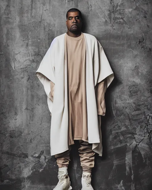 Image similar to Yeezy designed Kimono, model, studio photography, clothing drop, unreleased, Yzy, YZY GAP, Balenciaga, minimalist, dystopian feel