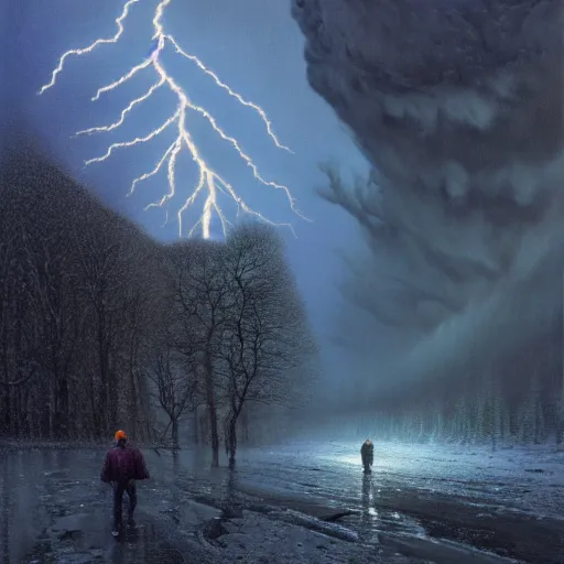 Image similar to a beautiful acrylic painting of group of climbers, extreme cold, storm, octane rendering, grim, dark, gloomy, cruel, volumetric lightning, hyperrealism, dichromatism, split - complementary colors, saturated colors, no blur, 4 k resolution, ultra detailed, john atkinson grimshaw, ivan shishkin, tyler edlin, scott listfield, eric zener