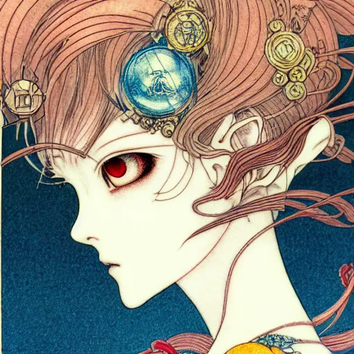 Image similar to prompt: Fragile looking character soft light portrait face drawn by Takato Yamamoto and Katsuhiro Otomo, tattooed face, inspired by Sailor Moon anime, alchemical objects on the side, soft light, intricate detail, intricate gouache painting detail, sharp high detail, manga and anime 2010