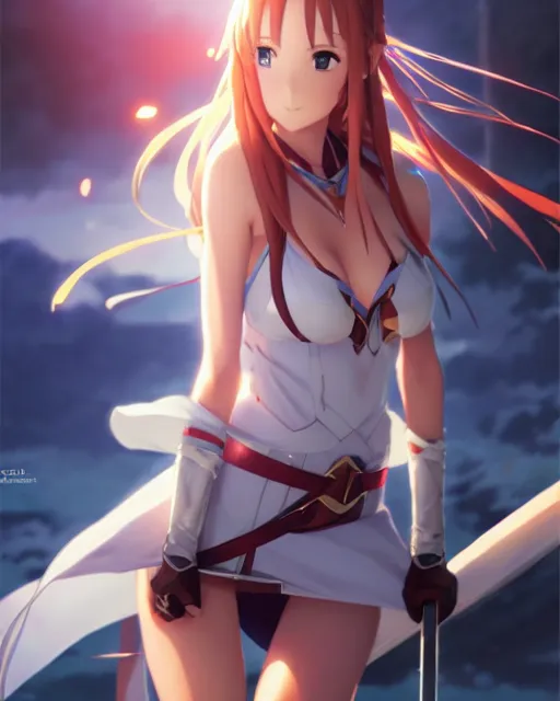 Image similar to photo of asuna from sao, asuna by a - 1 pictures, by greg rutkowski, artgerm, gil elvgren, rossdraws, enoch bolles, glossy skin, pearlescent, anime, very coherent, maxim magazine, trending