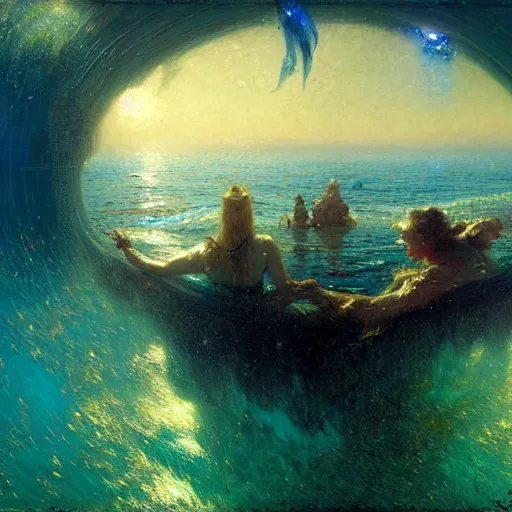 Image similar to point of view of deep in the ocean looking up, you see fishes, higher up you see the milk way, night time. highly detailed painting by gaston bussiere, greg rutkowski 8 k