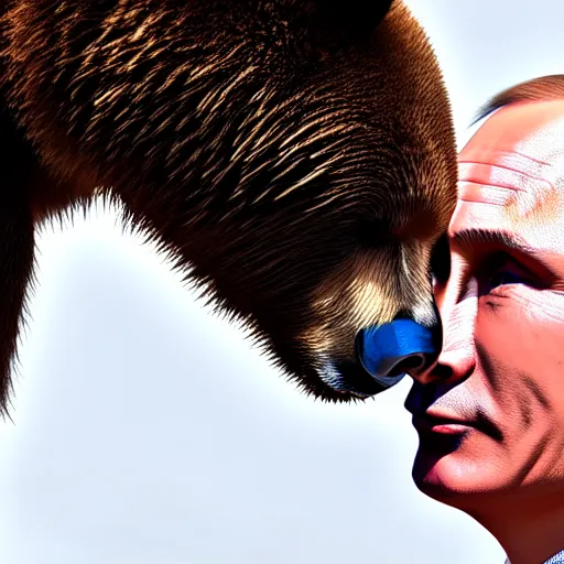 Prompt: vladimir putin kisses a bear, french kiss, lovely, insane details, clear face and eyes, textured, 8 k, professional photography