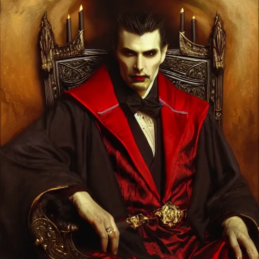 Image similar to perfectly centered portrait of attractive vampire king dracula in a robe sitting on a throne of bones, highly detailed painting by gaston bussiere, craig mullins, j. c. leyendecker, 8 k