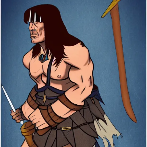 Prompt: conan the barbarian as a school teacher in the style of conan the barbarian by frank frazzetta