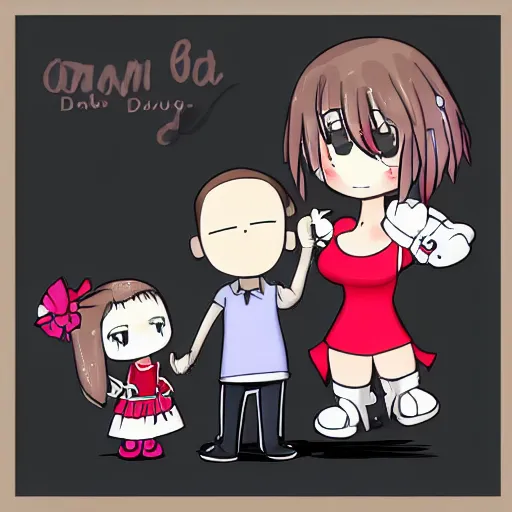 Image similar to a chibi mum with a chibi dad hugging their chibi daugher