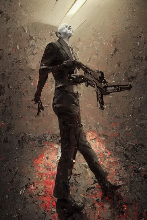 Image similar to an intricate and expressive full body portrait of agent 4 7 from hitman in a hallway full of guns, dark background, red rim light, highly detailed, digital art, artstation, concept art by giger stalenhag