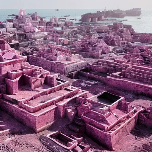 Prompt: A city in the sea with pink pyramids