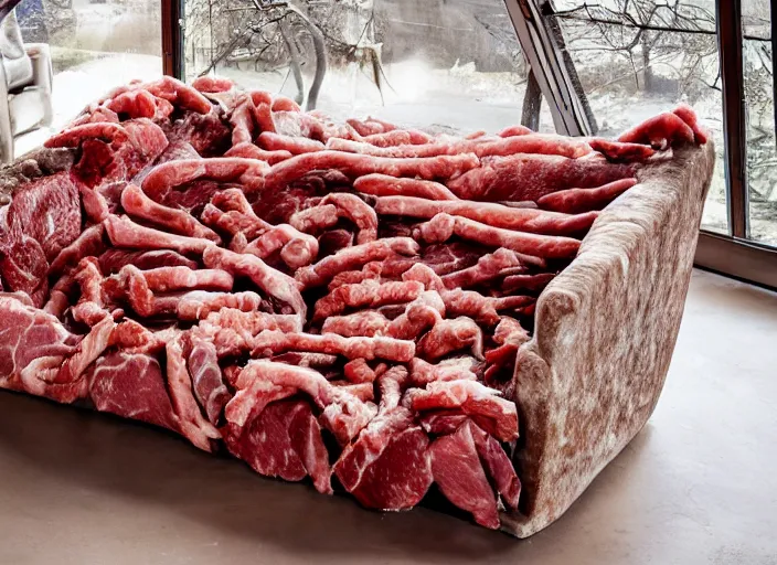 Image similar to Photograph of a meat couch, couch made of meat