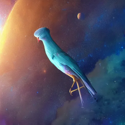 Image similar to close up of a cosmic bird, digital art, matte painting, trending on artstation, award-winning art, 8k