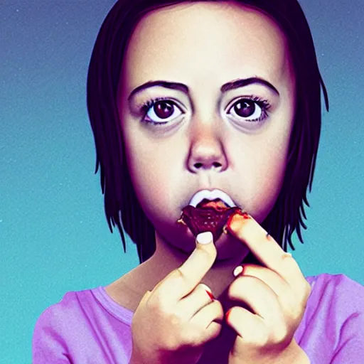 Image similar to young vampire aubrey plaza eating a clove of garlic, art by beeple