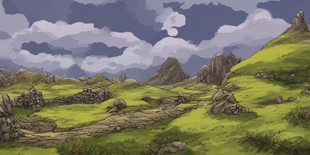 Image similar to Landscape illustration of the Scottish Highlands in the style of Studio Ghibli