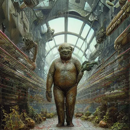 Prompt: paul blart as a mall made out of flesh, highly detailed, environment art, body horror, biopunk, by zdzisław beksinski, peter gric, marco mazzoni