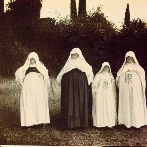 Prompt: strange nuns, rural town, tuscany, photo taken on an old box camera, color photo, film grain, 1920s, Daguerreotype, old photo, detailed, grotesque