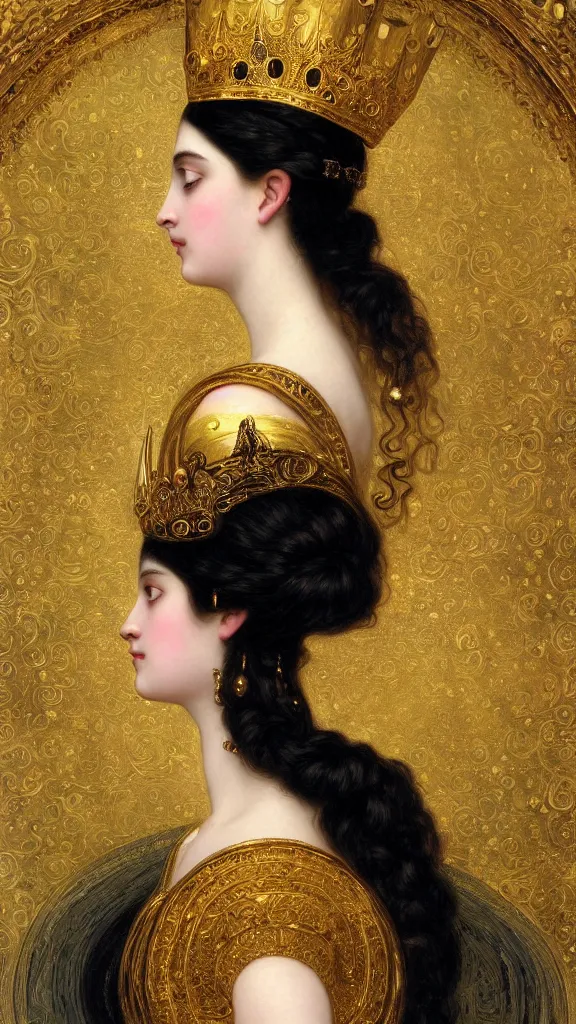 Image similar to painting portrait of a beautiful black haired woman with pale skin and a crown on her head sitted on an intricate metal throne, intricate, elegant, digital painting, smooth, sharp focus, shiny gold, realistic gold, realistic metal, by william - adolphe bouguereau and gustav klimt,