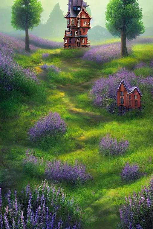 Image similar to beautiful digital matter cinematic painting of whimsical tall house, fox, green hills with lavender heather bushes, whimsical scene bygreg rutkowki artstation