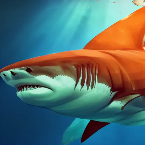 Prompt: great white shark with orange and white striped traffic cones instead of fins, underwater background detailed atmospheric - ron cheng & alphonse mucha, highly detailed, digital painting, ray tracing, concept art, illustration, smooth sharp focus, intricate, symmetry, artstation,