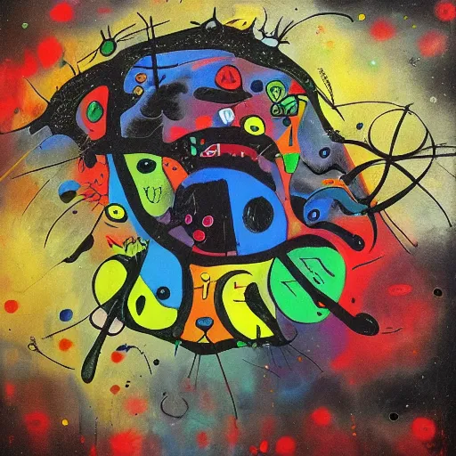 Image similar to masterpiece, black background, psychedelic therapy, artwork by joan miro, trending on ArtStation, ink splatters, pen lines, incredible detail, creative, positive energy, happy, unique, negative space, face, artgerm