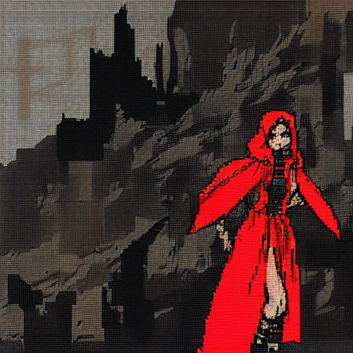 Prompt: evil little red riding hood, yoji shinkawa, pixel art