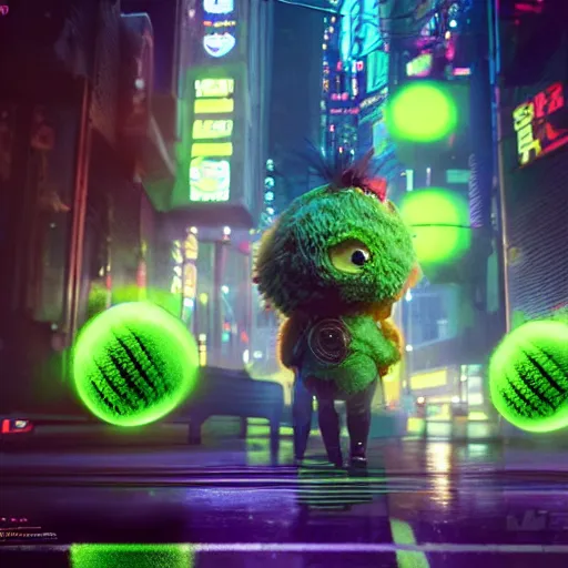 Prompt: high quality 3 d render cyberpunk very tennis ball monster highly detailed, unreal engine cinematic smooth, in the style of blade runner & detective pikachu, hannah yata charlie immer, low angle, uhd 8 k, sharp focus
