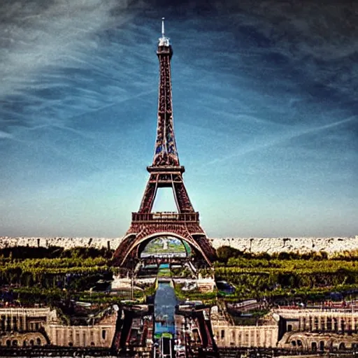 Prompt: extreme wide angle photograph of the eiffel tower by murad osmann,