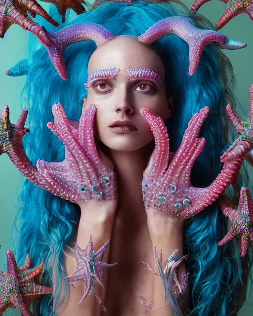 Image similar to natural light, soft focus portrait of a cyberpunk anthropomorphic starfish with soft synthetic pink skin, blue bioluminescent plastics, smooth shiny metal, elaborate ornate head piece, piercings, skin textures, by annie leibovitz, paul lehr