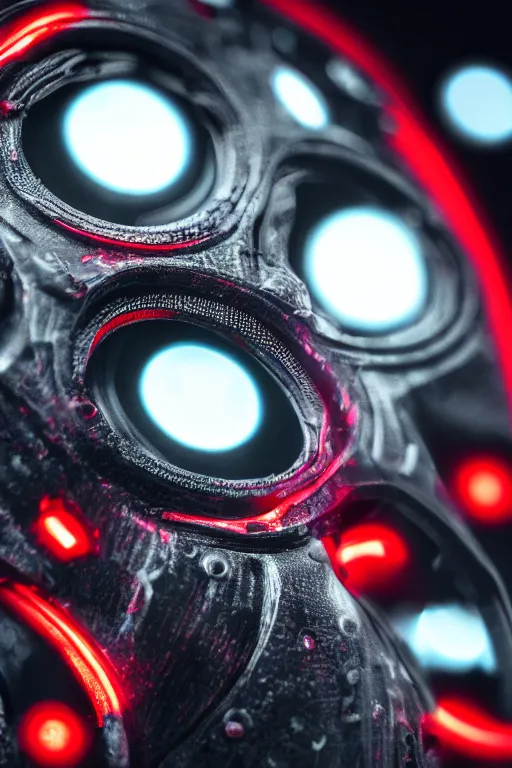 Image similar to closeup shot of a carbon black cyborg, macro shot, dof, cinematic, volumetric lighting, studio shot, red light, 4 k